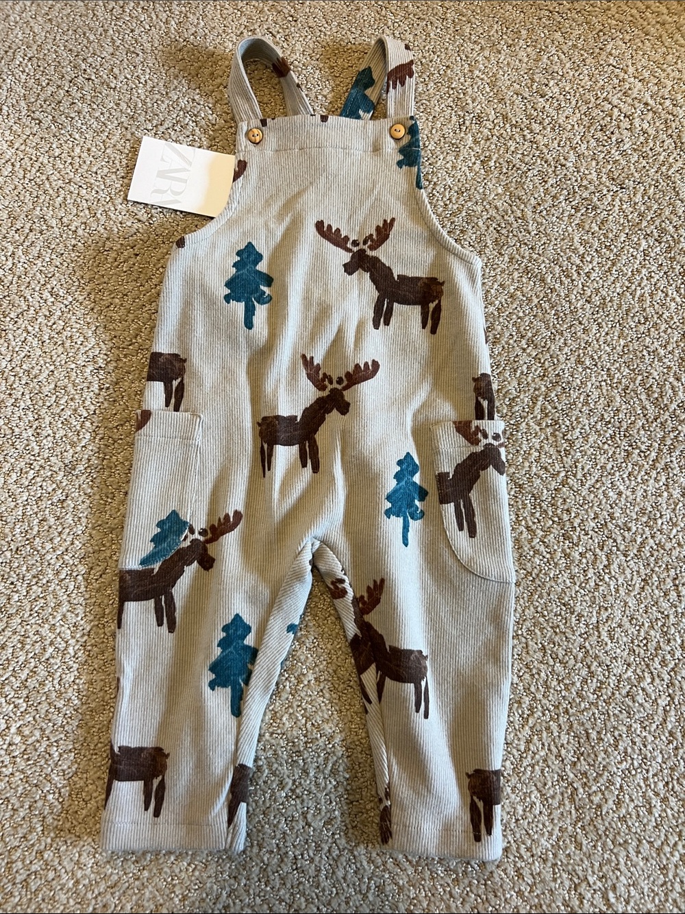 Zara Beige Overalls with Brown Moose and Teal Trees